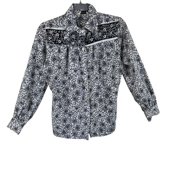 Alice Stuart Vintage Black White Floral Collared Union Made USA Button Up Size M - Picture 1 of 6